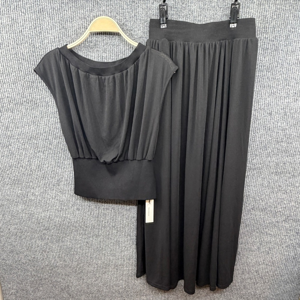 Commense 2 Piece Skirt Set Womens Medium Black Ribbed Top Maxi Skirt Pocket Chic